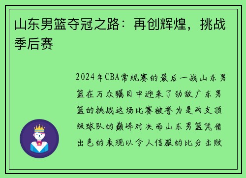 山东男篮夺冠之路：再创辉煌，挑战季后赛